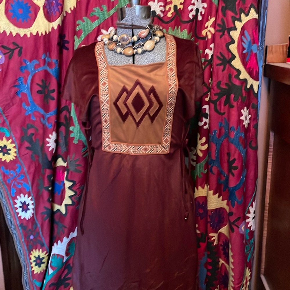 70’s Vintage 2pc Tunic Pant Set Boho Rusty Velvet Embroidered Ties & Drawstring